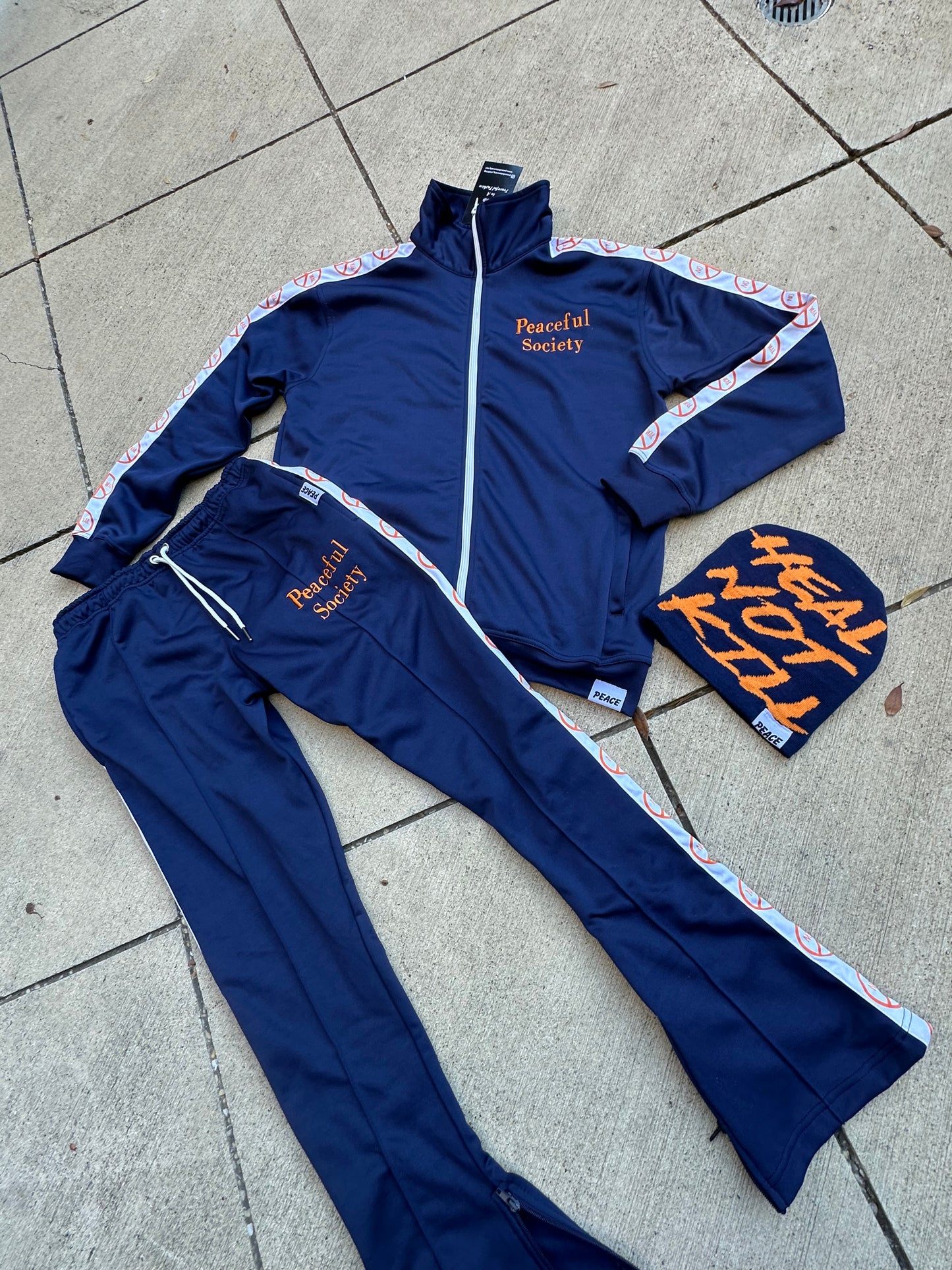 Navy Blue and Orange 'Peaceful Supply Daily' Tracksuit (Beanie Included)