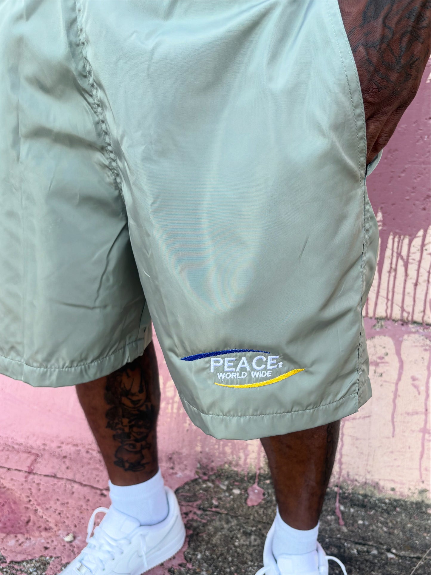 ‘Peace World-Wide’ Dark Olive Shorts