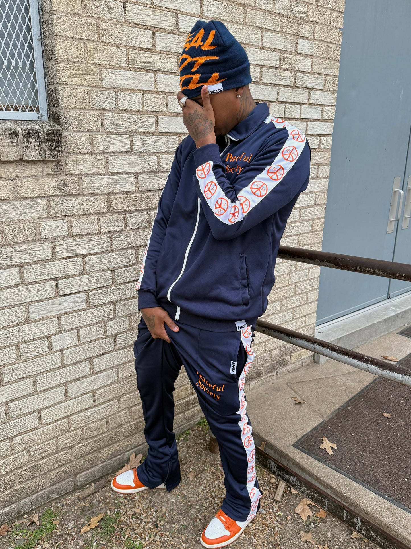 Navy Blue and Orange 'Peaceful Supply Daily' Tracksuit (Beanie Included)