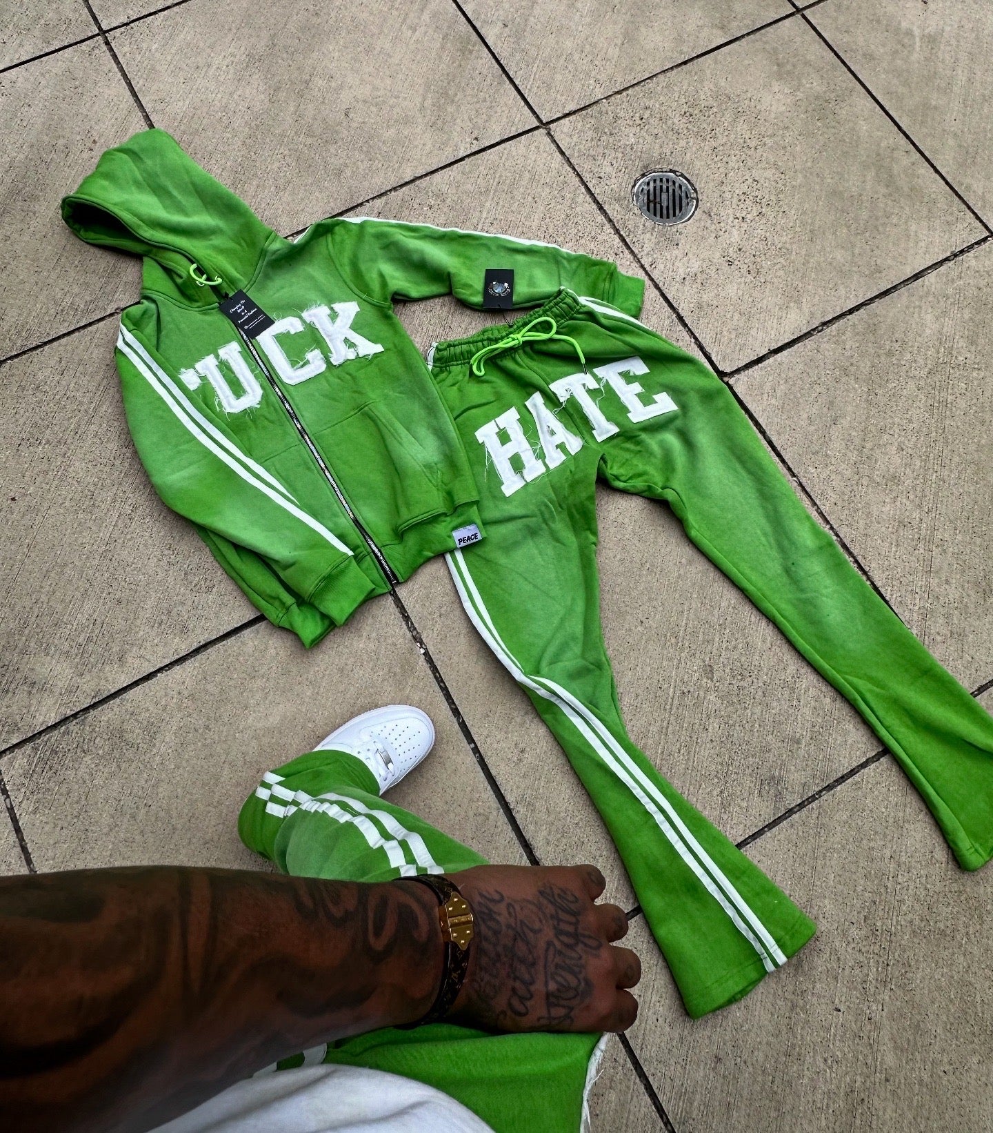 ‘Fuck Hate’ Green Striped Set