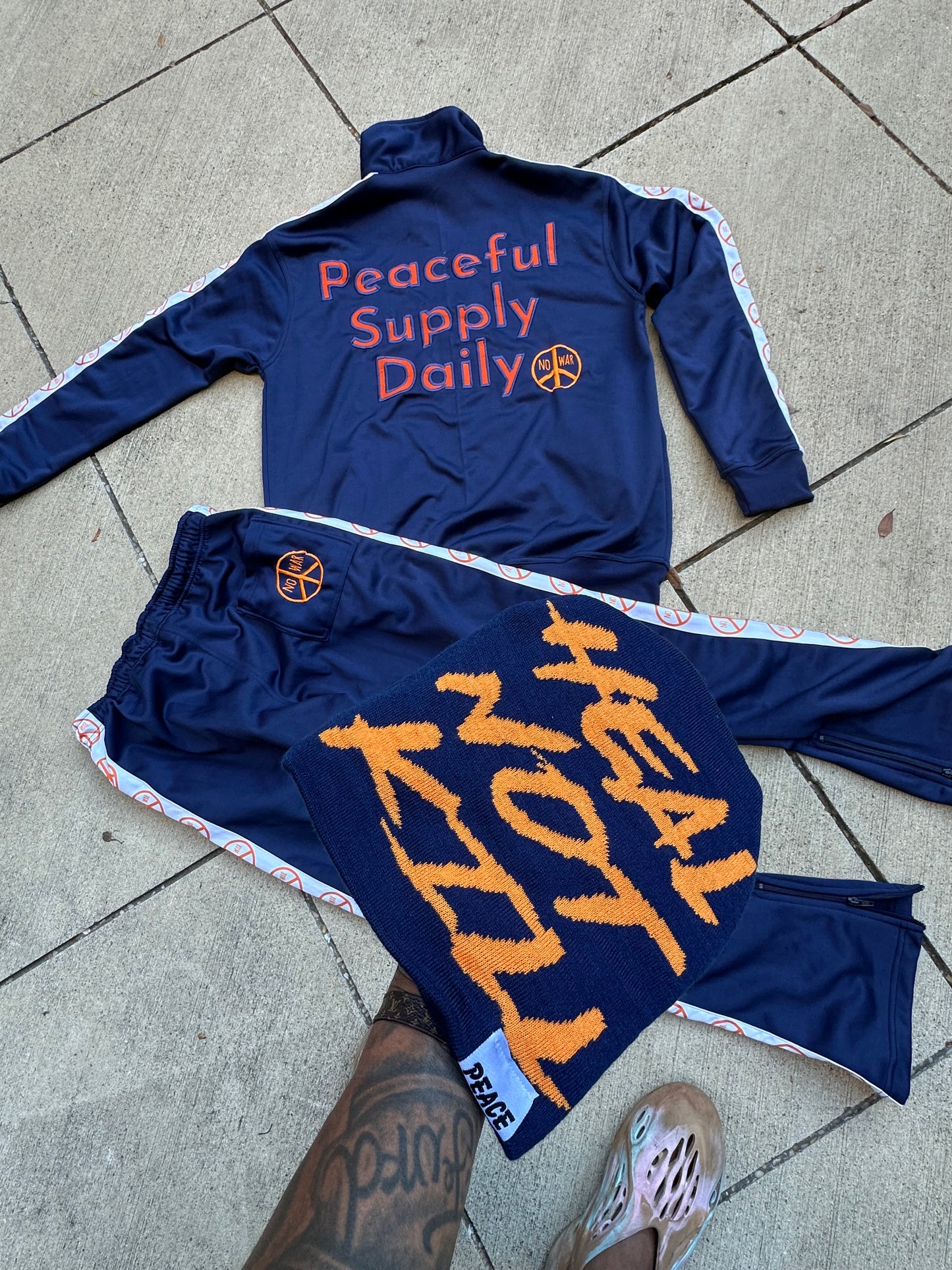 Navy Blue and Orange 'Peaceful Supply Daily' Tracksuit (Beanie Included)