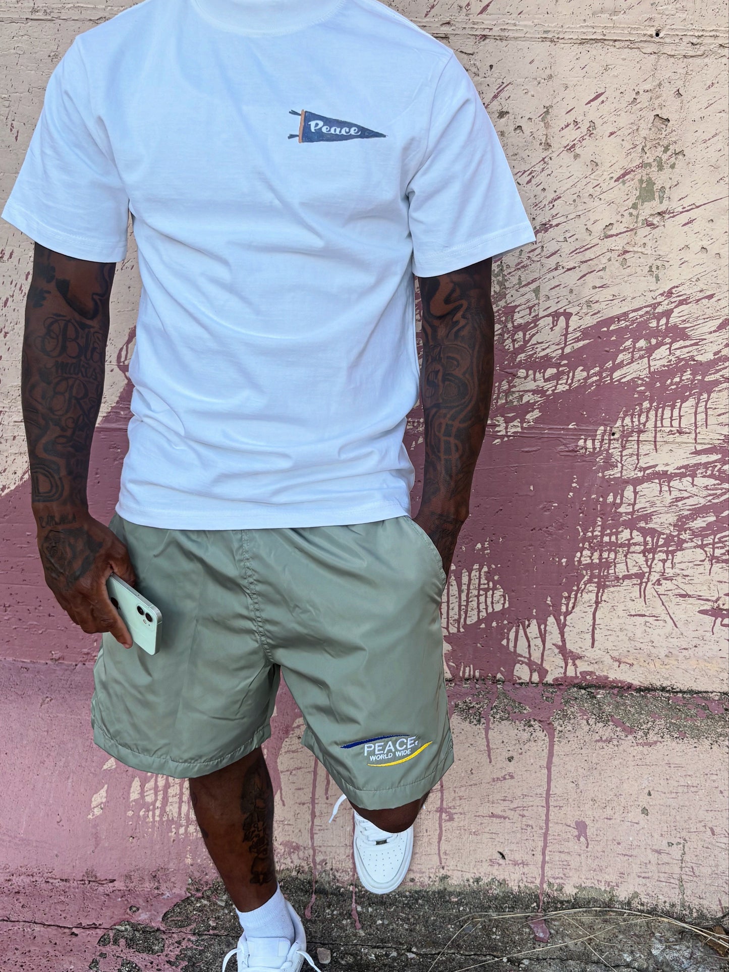 ‘Peace World-Wide’ Dark Olive Shorts