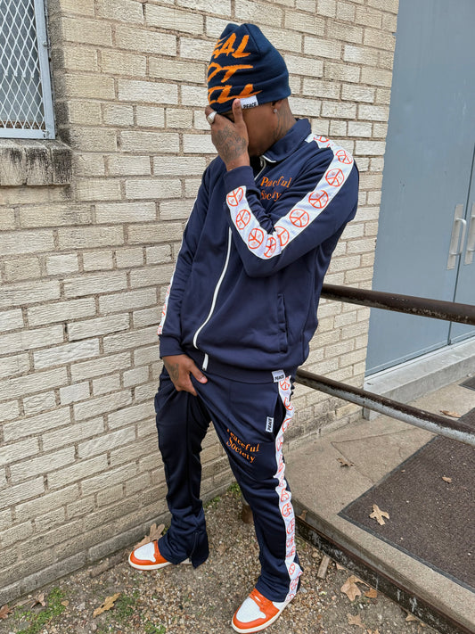 Navy Blue and Orange 'Peaceful Supply Daily' Tracksuit