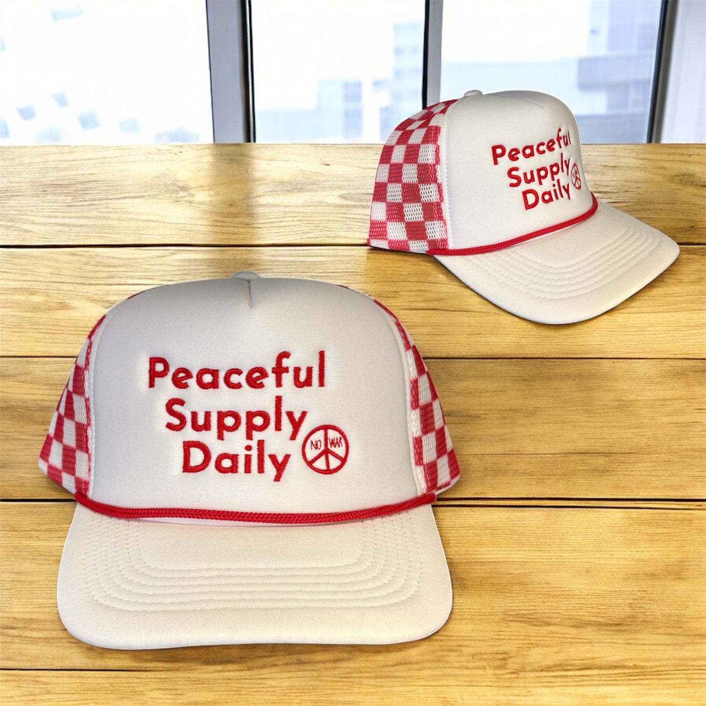 ‘Peaceful Supply Daily’ Checkerboard Trucker Hat