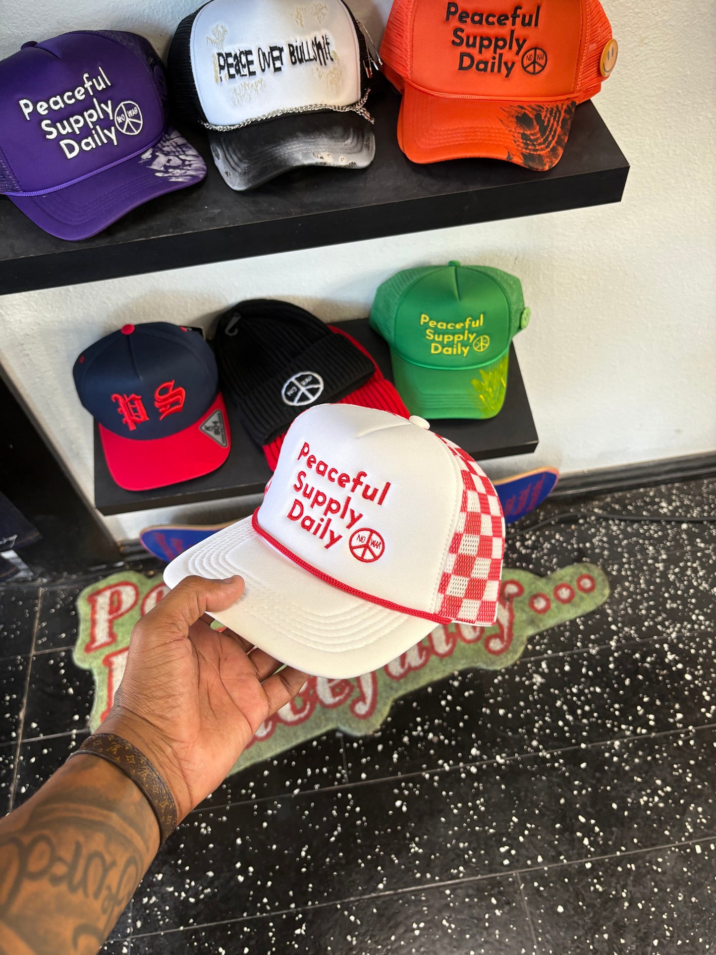 ‘Peaceful Supply Daily’ Checkerboard Trucker Hat